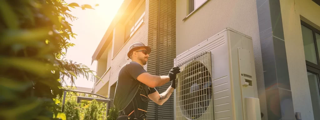 a professional hvac technician meticulously installs a sleek air conditioning unit against a backdrop of a modern residential home in bright daylight, showcasing efficiency and expertise.