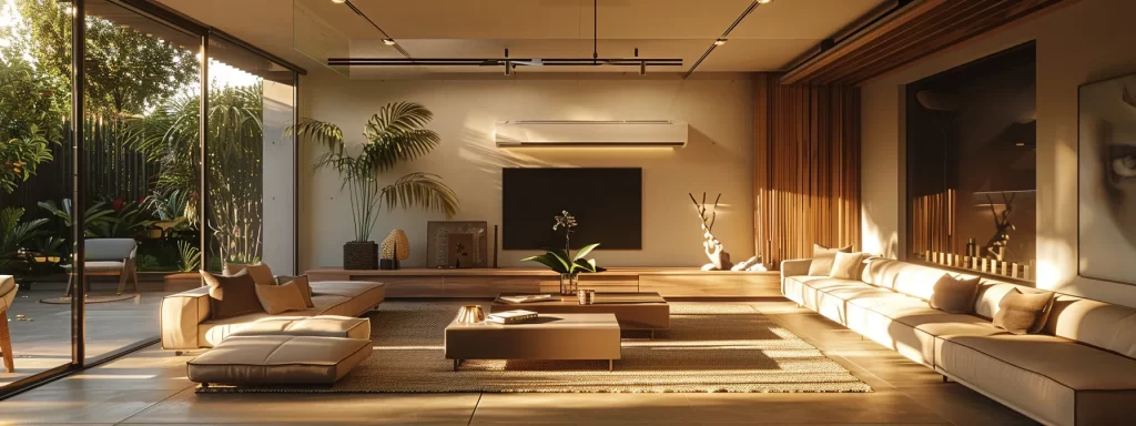 a serene living room showcases a state-of-the-art hvac system installation, bathed in warm sunlight, highlighting the sleek modern design and emphasizing the comfort it brings to the home.