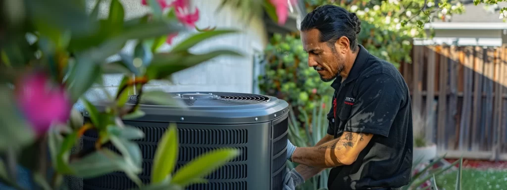 a skilled local hvac technician efficiently inspects a sleek heat pump installation against the backdrop of a sunny culver city neighborhood, highlighting the blend of expertise and community support.