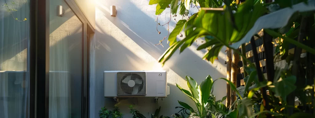 a sleek, modern hvac unit glistens under warm, natural sunlight on a stylish patio, showcasing its ductless design while surrounded by lush greenery, symbolizing comfort and efficiency in a serene culver city home.