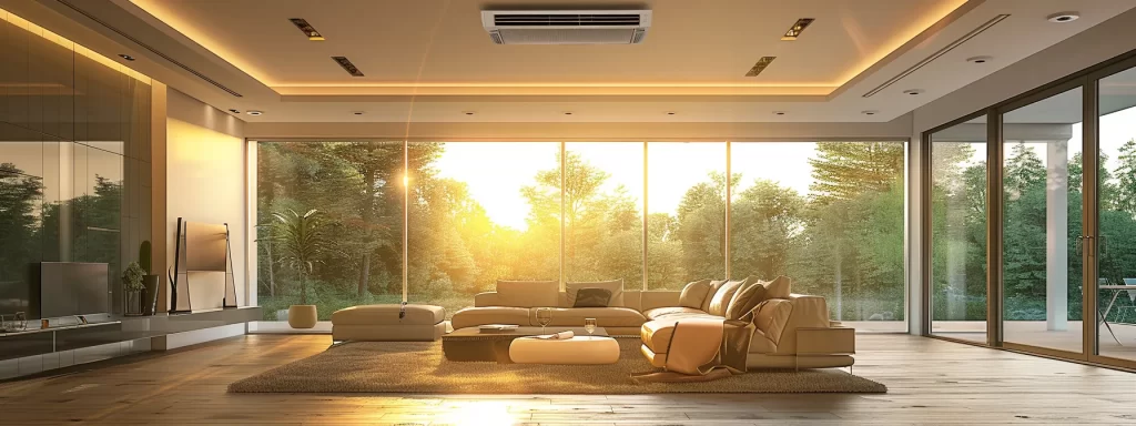 a spacious, modern living room bathed in natural light showcases an efficient hvac system seamlessly integrated into the ceiling, surrounded by fresh air flowing through elegant decorative vents and a cozy atmosphere, emphasizing comfort and energy efficiency.