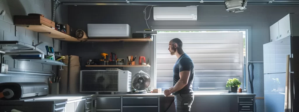 a focused homeowner inspects an air conditioning unit in a modern, organized garage, surrounded by essential maintenance tools, highlighting the importance of diy upkeep for year-round efficiency.