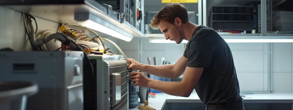 a focused technician meticulously inspecting an air conditioning unit in a sleek, modern utility room, surrounded by tools and equipment, highlighting the importance of annual maintenance for optimal system performance.