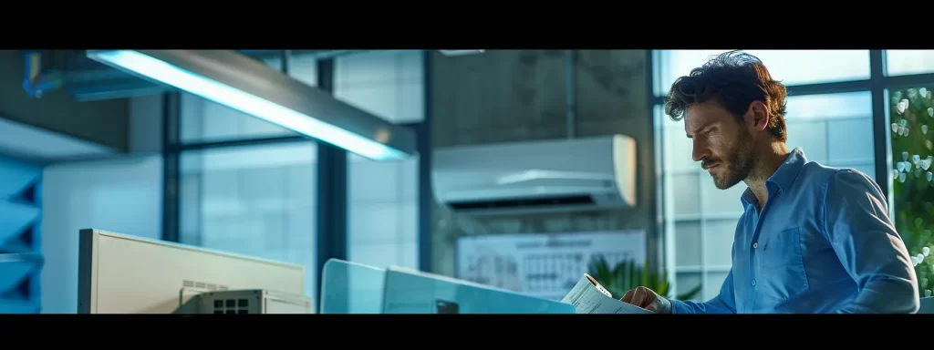 a meticulous technician examines an air conditioning unit in a sleek, modern office environment, surrounded by seasonal maintenance tools and a clearly marked service schedule displayed prominently on the wall.