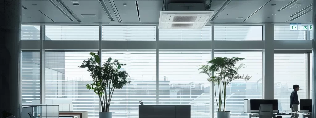 a modern office space showcases a pristine air conditioning unit beneath a large window, with a technician inspecting and cleaning the filter, surrounded by sleek furniture and contemporary decor that highlights the importance of indoor air quality.
