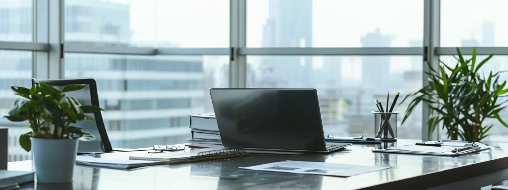 a sharply focused office space features a sleek desk with organized maintenance checklists, a laptop displaying an informative hvac guide, and a clipboard with professional contacts, emphasizing the theme of proactive air conditioning upkeep for homeowners.