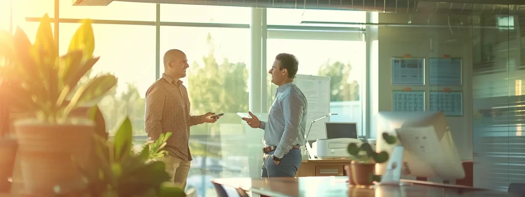 a sleek, modern office space features a confident homeowner discussing ac maintenance benefits with a technician, highlighted by digital energy efficiency charts and maintenance tools, emphasizing the financial advantages of consistent air conditioning care.