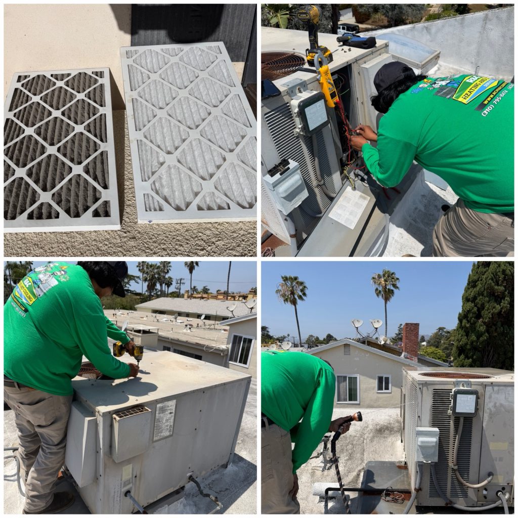 R&C Heating and Cooling Service performing professional HVAC maintenance and heat pump tune-up on an aging package unit in Santa Monica, CA. Our technician completed a full system inspection, including electrical components, refrigerant levels, condenser and evaporator coils, airflow, thermostat operation, and overall system performance.